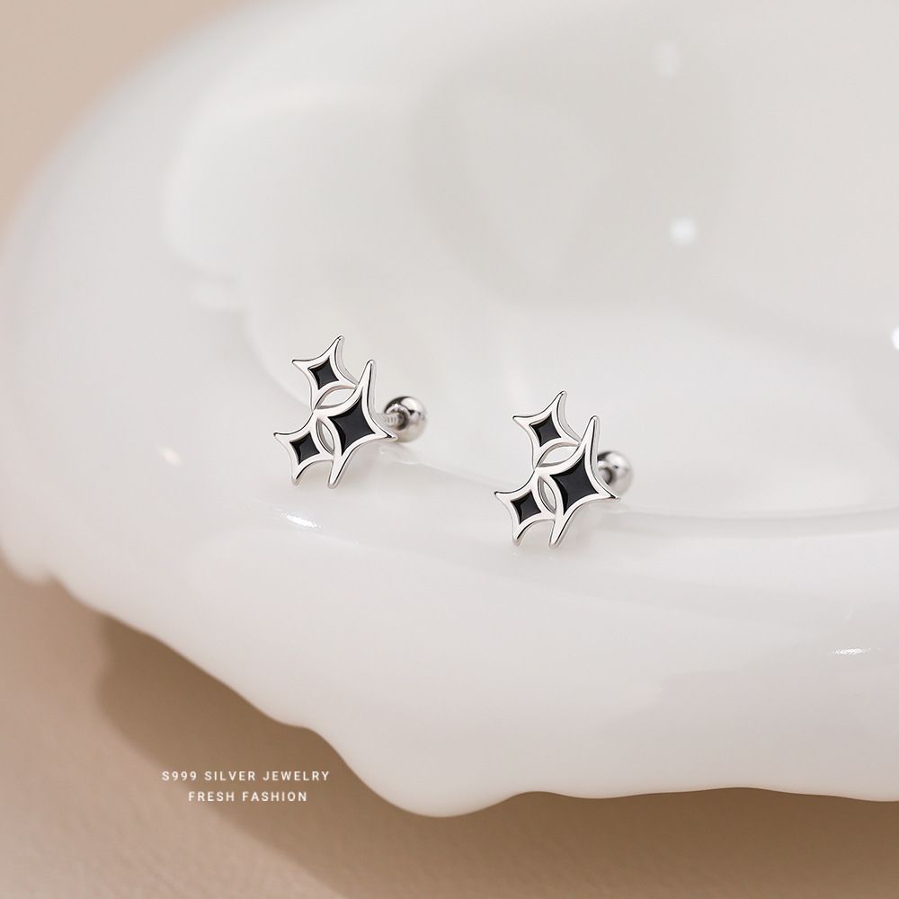 黑色滴胶四芒星耳钉女s999纯银小众时尚百搭个性简约足银星星耳饰