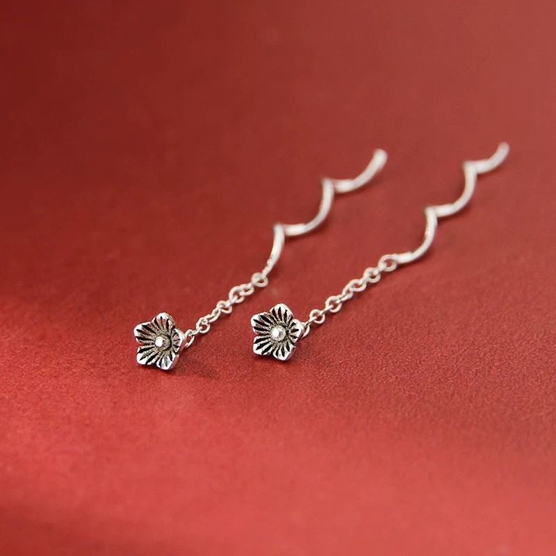 925纯银花朵波浪耳线女轻奢复古泰银耳环小众高级感耳饰饰品