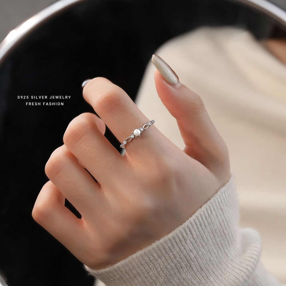法式轻奢s925纯银圆珠戒指女镂空百搭食指戒可调节锆石指环ins风