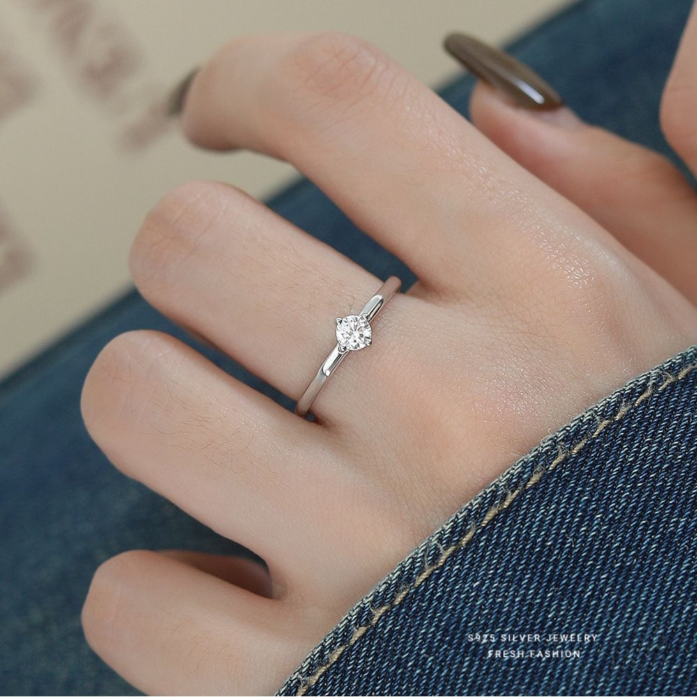 超闪四爪锆石戒指女s925纯银韩版东大门轻奢食指戒百搭经典款指环