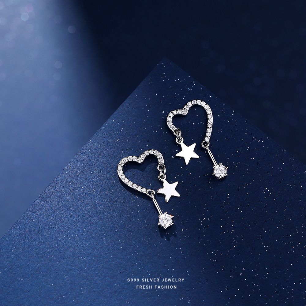 S999足银气质甜美镶钻心形耳钉锆石星星ins风纯银耳环女耳饰