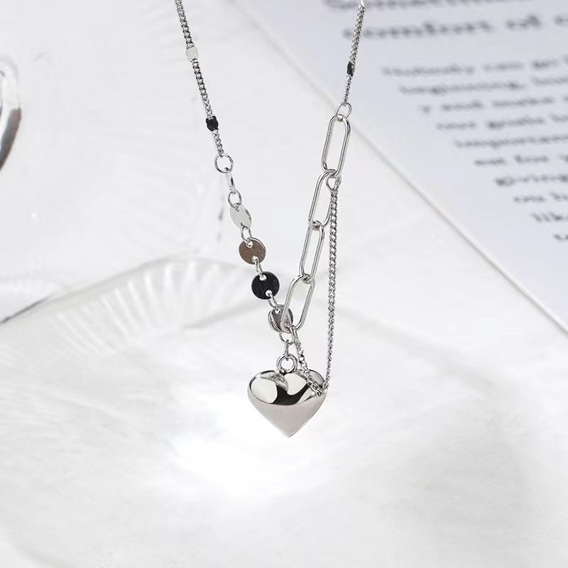 S925纯银爱心项链女韩版时尚心形圆片链子吊坠小众气质轻奢锁骨链