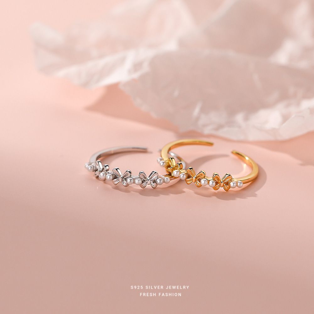 s925纯银小圆珠花朵戒指女轻奢简约小众轻奢优雅可调节开口戒代发