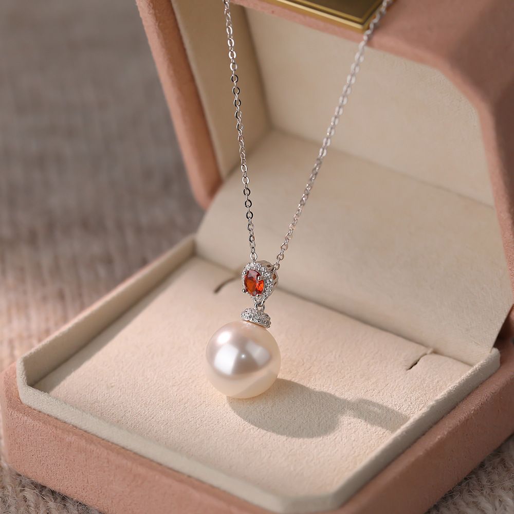 施家珠S999纯银浅粉珍珠吊坠项链女微镶彩锆法式轻奢高级感锁骨链