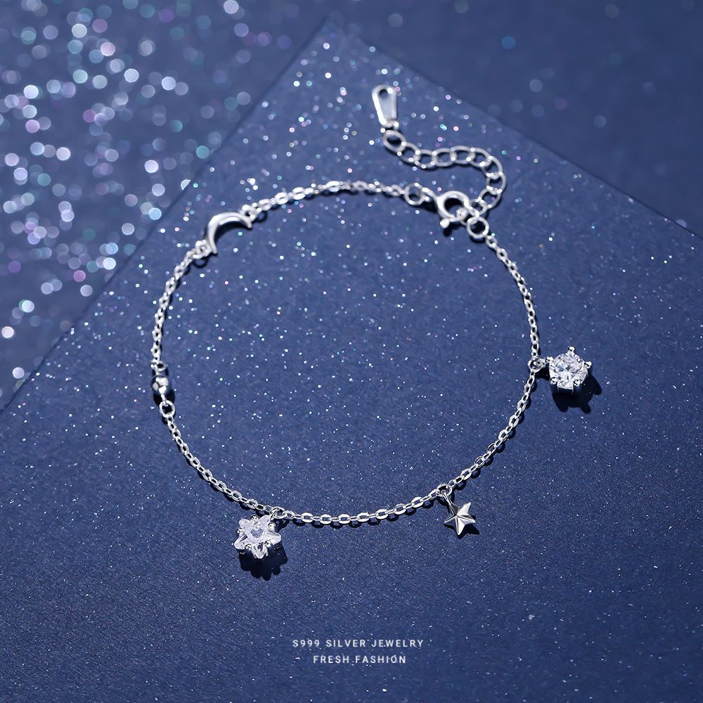 韩版时尚月亮星星锆石手链女s999纯银百搭轻奢足银星月手饰高级感