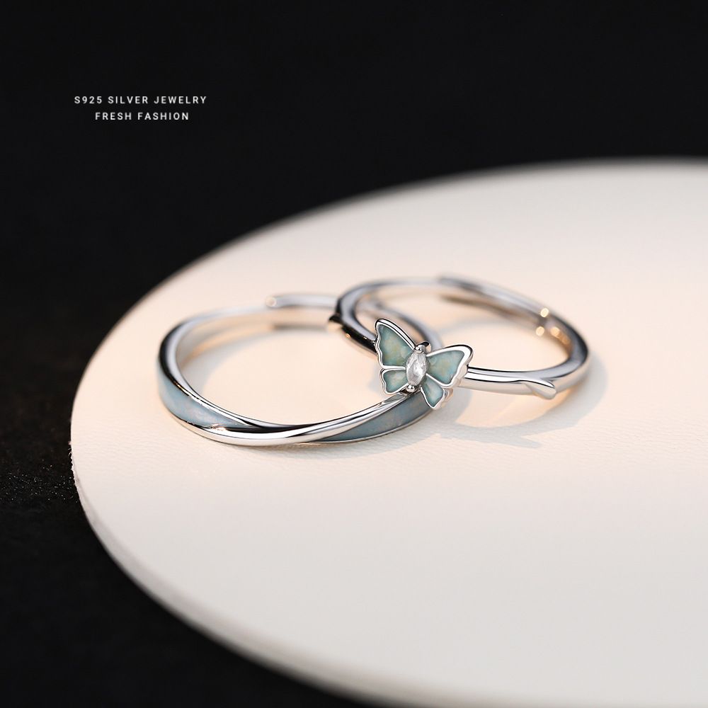 夜光蝴蝶情侣戒指s925纯银小众设计时尚百搭荧光滴胶对戒森系指环