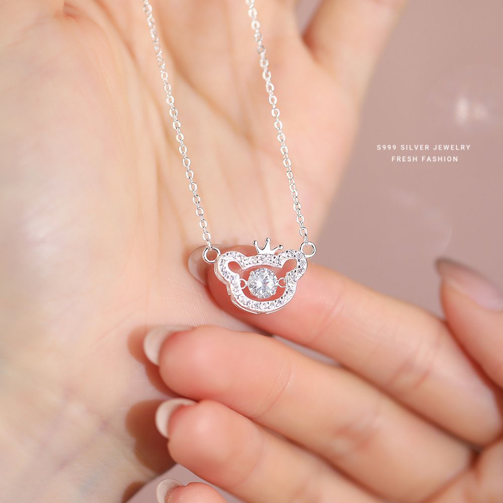 云小舒原创S999纯银小熊灵动锆石项链女轻奢百搭超闪小皇冠锁骨链