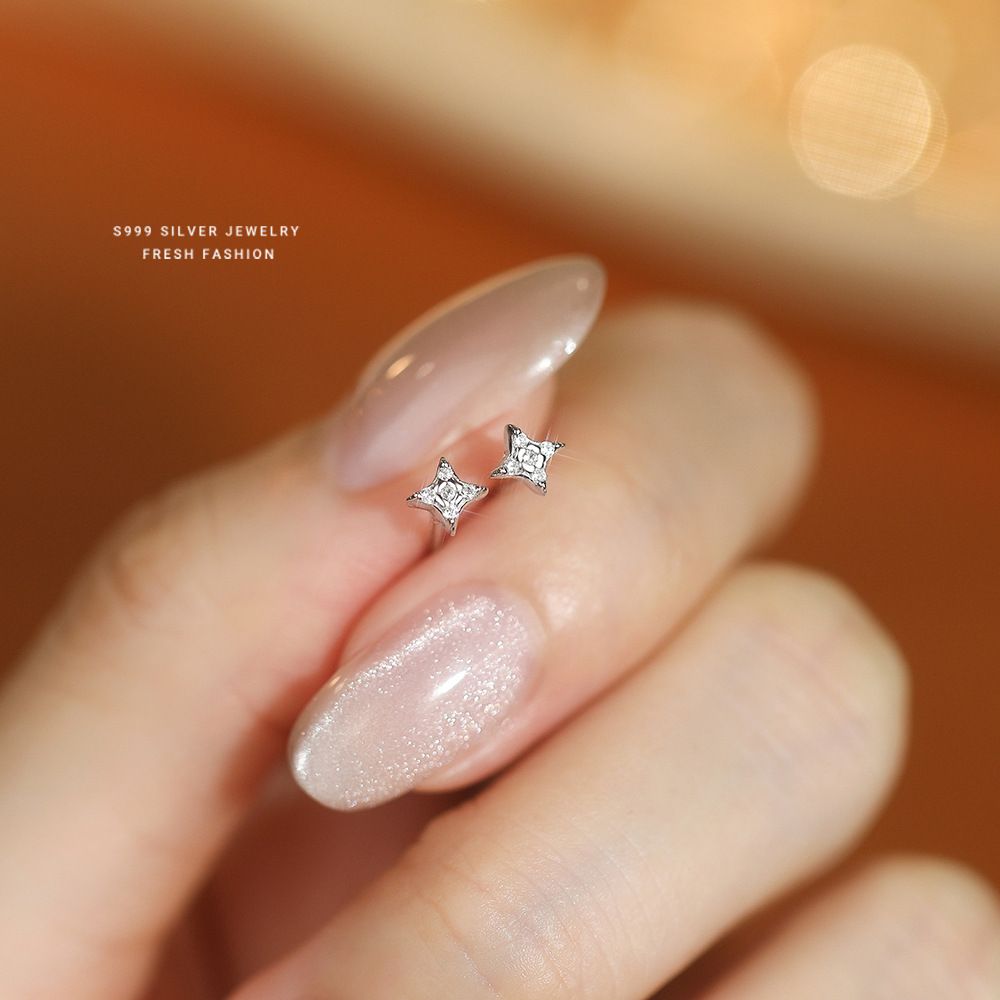S999纯银小巧四芒星锆石耳钉女小众设计感简约百搭迷你养耳洞耳环