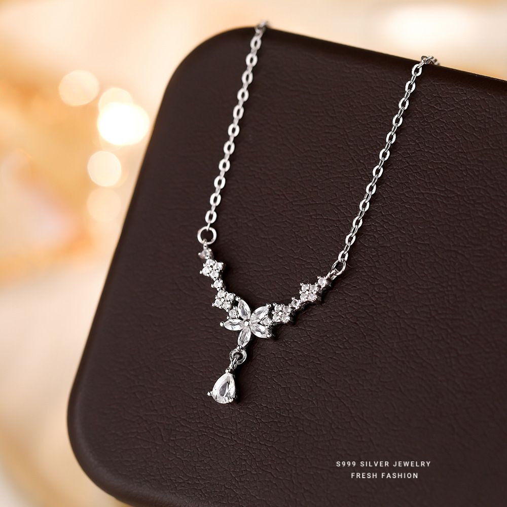 S999纯银流苏水滴花朵项链女满镶托帕石时尚小众设计锁骨链夏季款