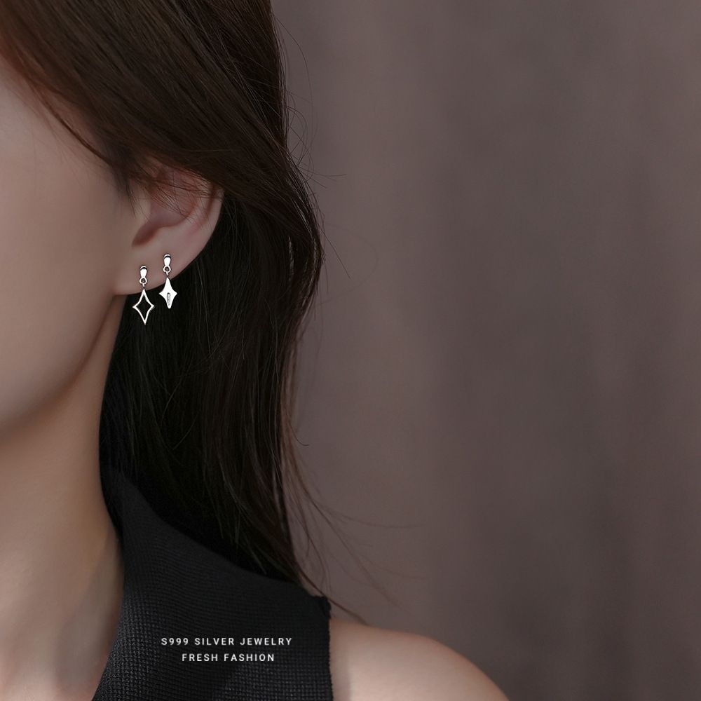 冷淡风不对称四芒星耳钉女s999纯银时尚百搭镂空星星足银耳坠耳饰