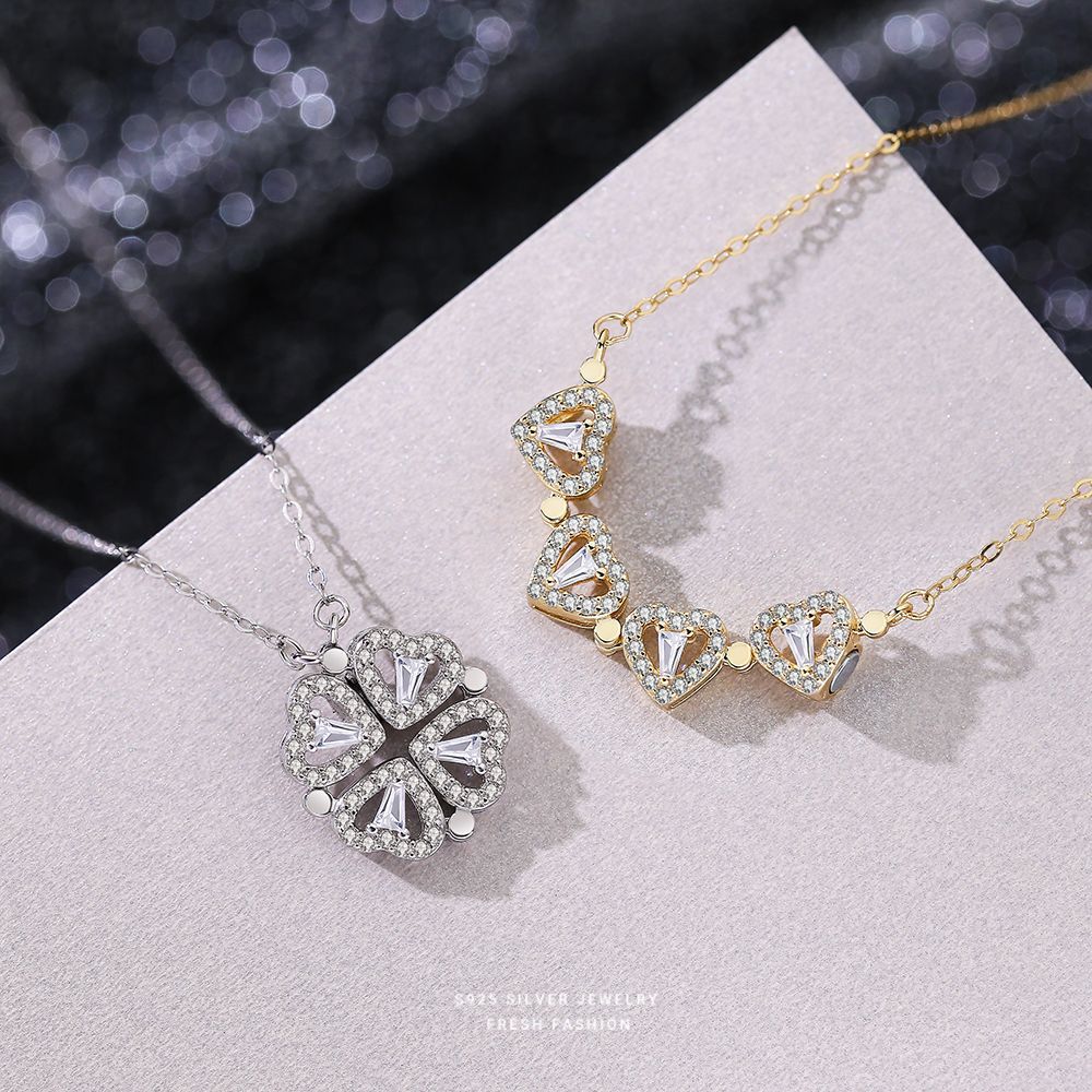 抖音热推s925纯银心形锆石四叶草项链女简约双佩戴式小清新锁骨链