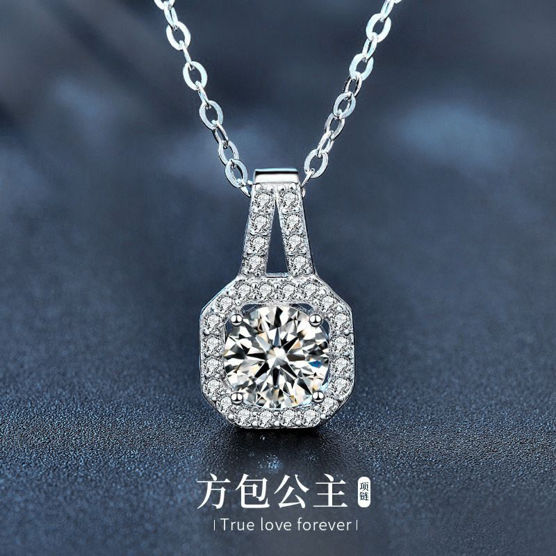 莫桑石925纯银项链ins风公主方包锁骨吊坠夏季欧美方形银饰品