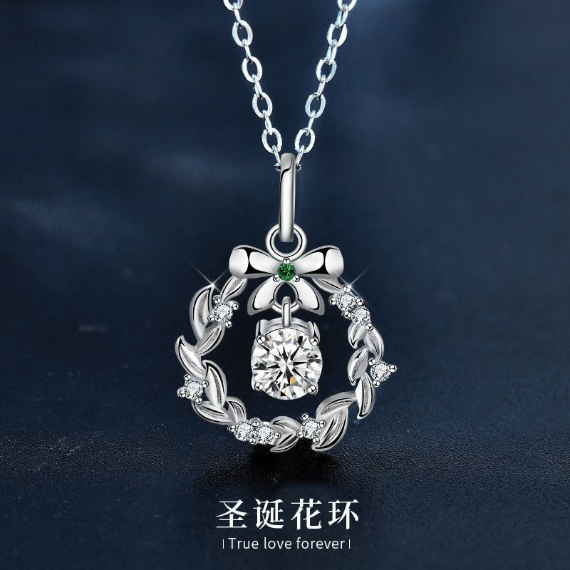 原创项链花环圣诞莫桑石饰品925纯银蝴蝶结吊坠ins情人节礼物