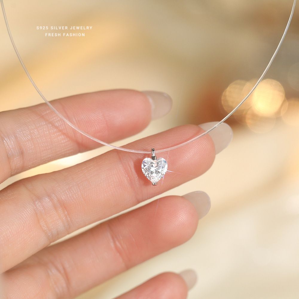 新品S925人鱼之泪锆石爱心项链女透明鱼线高级感时尚百搭锁骨饰品