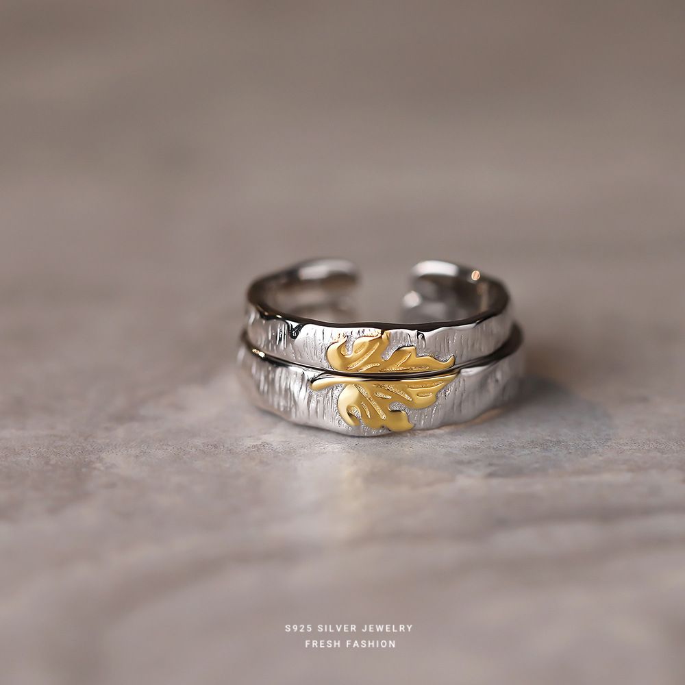 s925纯银七夕枫叶情侣戒指国潮气质简约个性小众设计男女活口对戒