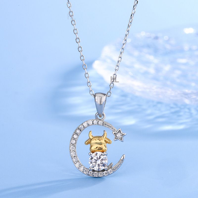 S925银星月金牛项链女可爱月亮小牛小红书星月锁骨链2025年新款潮