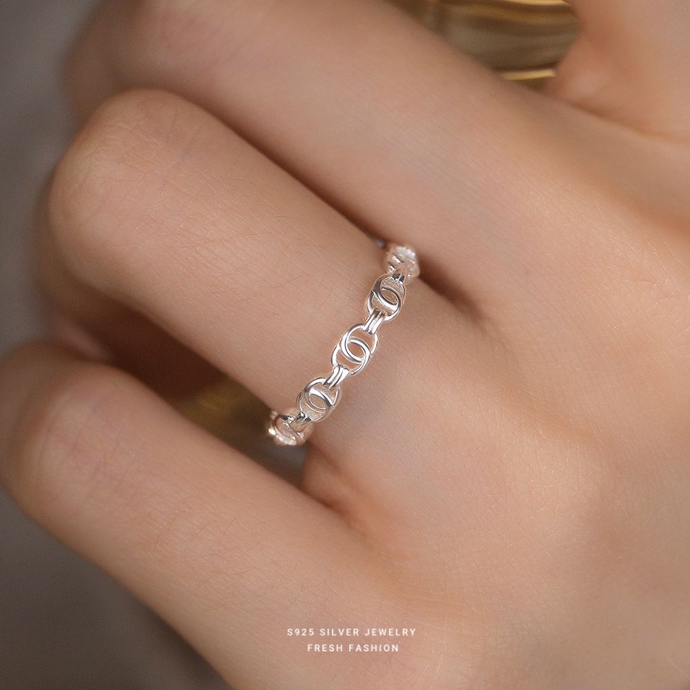 韩版百搭环环相扣戒指女s925纯银时尚个性食指戒ins开口指环代发