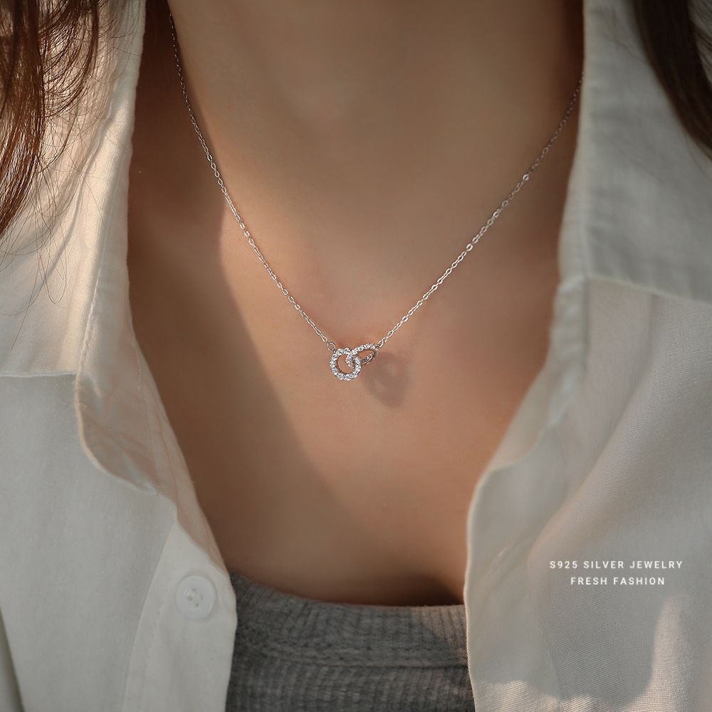 轻奢环环相扣超闪锆石项链女s925纯银百搭高级感双环锁骨链时尚