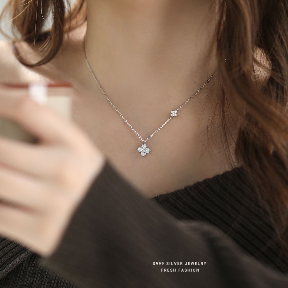 韩版轻奢四叶草项链女s999纯银百搭时尚高级感小众设计足银锁骨链
