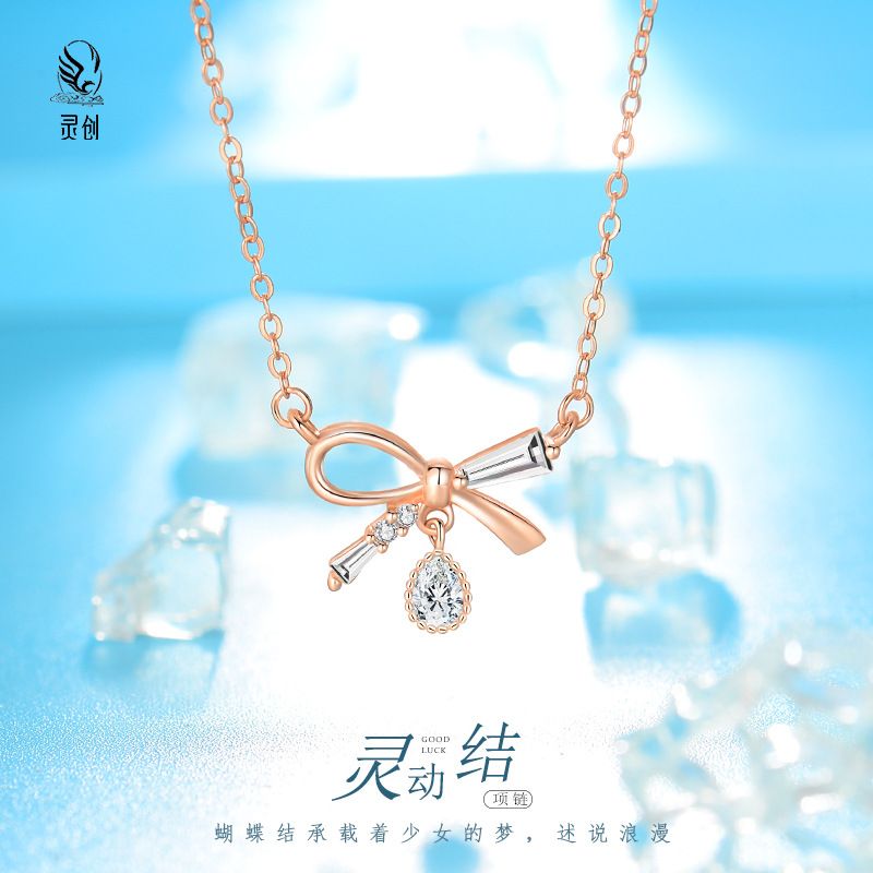 925银蝴蝶结灵动项链女夏百搭跳舞石锁骨链2025年新款小众颈链