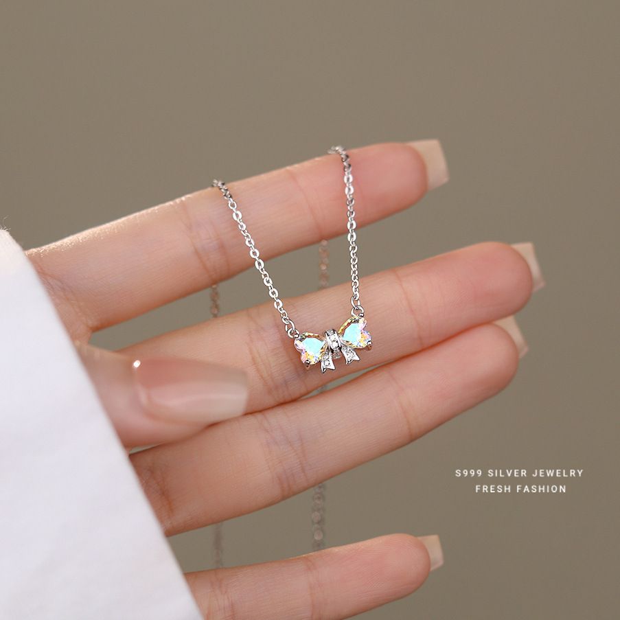 甜美爱心锆石蝴蝶结项链女s999纯银轻奢高级感百搭足银锁骨链