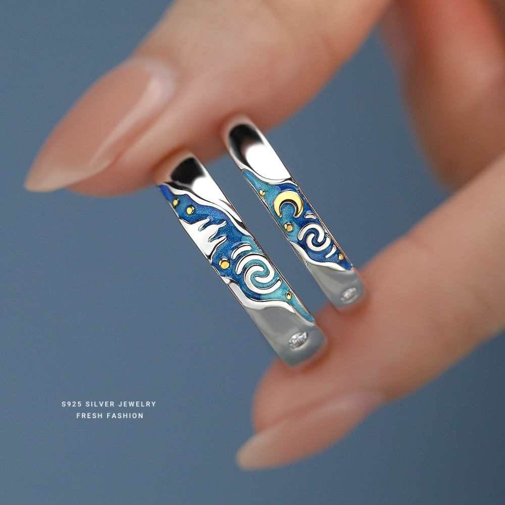 梵高星空情侣戒指s925纯银闪粉滴胶漫浪对戒创意百搭指环送女友