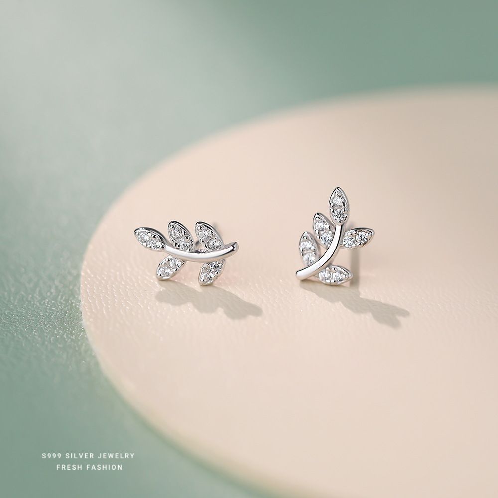微镶满钻树叶耳钉女s999纯银森系小清新时尚百搭叶子足银耳饰