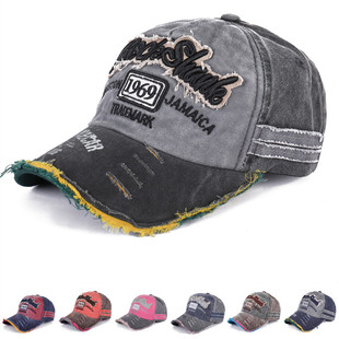 帽子1969复古水洗做旧字母刺绣破洞鸭舌帽潮男个性女遮阳棒球帽