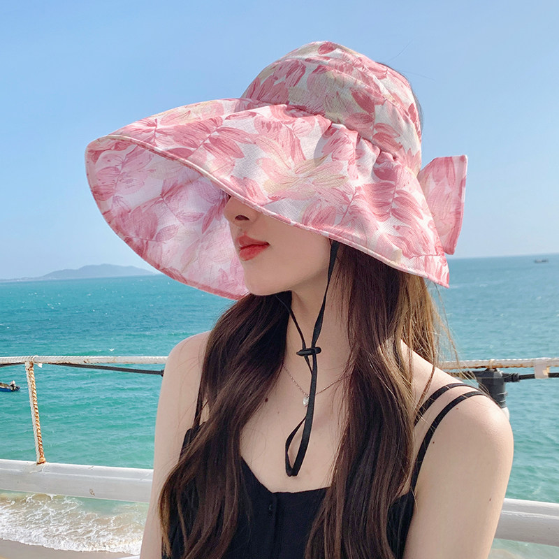 女士太阳帽大檐空顶防晒骑车遮阳帽女夏天印花洋气民族旅游沙滩帽