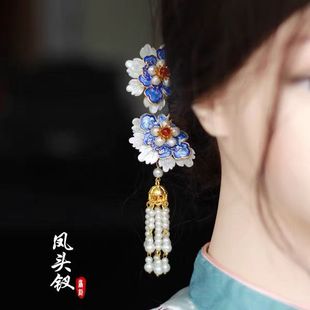 凤头钗 原创设计牡丹插梳半扎发梳低马尾盘发步摇汉服旗袍头饰