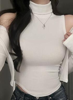 韩国东大门春夏新款气质修身显身材高领无袖T恤长袖开衫两件套女