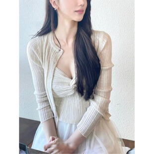 港风chic辣妹性感纯欲轻熟御姐女装新针织背心长袖开衫两件套上衣