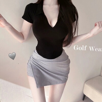 韩国东大门新品 短袖T恤女翻领收腰弧形不规则纯色显身材T恤
