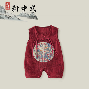婴儿连体衣夏季新中式中国龙无袖哈衣爬服男宝宝满月百天国风汉服