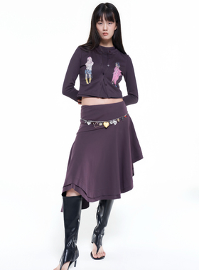 RANDOMHOKER 假两件人物印花开衫上衣/不规则半身裙秋冬新款套装