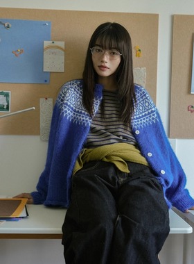 umasou 雪地蓝色日系复古软糯长绒宽松秋冬加厚费尔岛毛衣外套