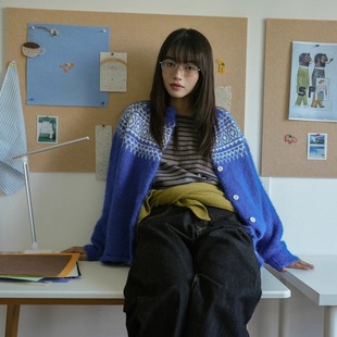 umasou 雪地蓝色日系复古软糯长绒宽松秋冬加厚费尔岛毛衣外套