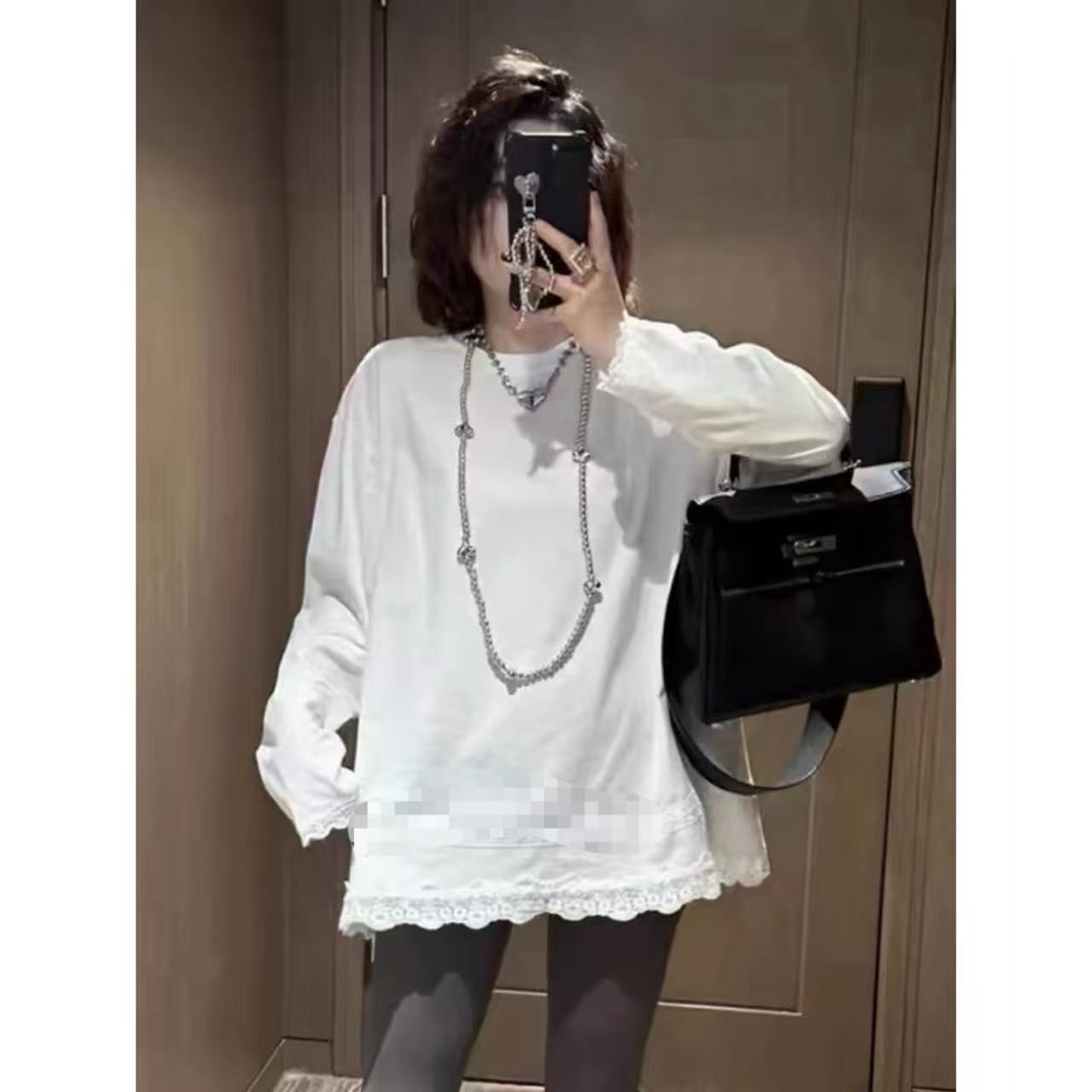简约蕾丝边长袖t恤女秋冬季新款宽松洋气时尚休闲上衣80130