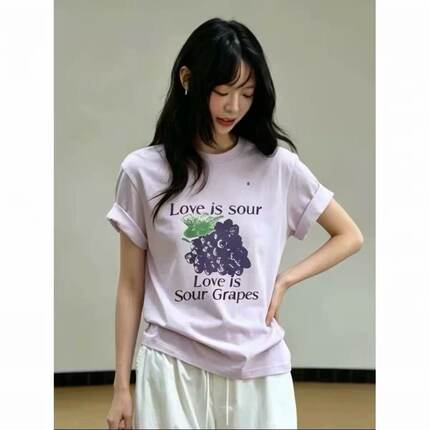 葡萄印花短袖T恤女夏日小清新宽松百搭休闲薄款减龄上衣8880