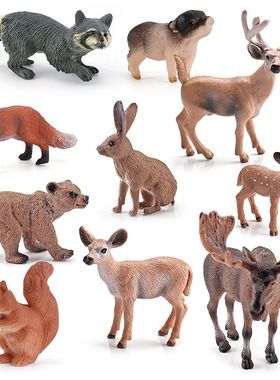 跨境仿真实心野生动物公驼鹿白尾鹿红狐兔子浣熊模型玩具套装摆件