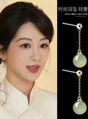 S925银针和田玉耳坠女气质耳环长款玉石耳钉高级复古耳坠绿色中式