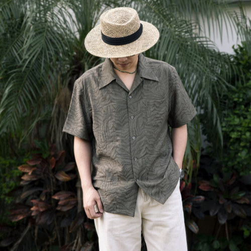 红风 短袖衬衫男宽松复古ALOHA提花凉感莱赛尔古巴领夏威夷衬衫夏