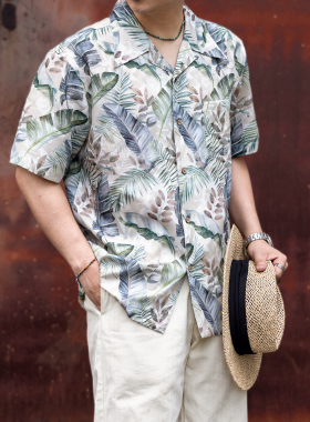 红风 短袖衬衫男宽松复古ALOHA提花凉感莱赛尔古巴领夏威夷衬衫夏