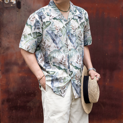红风 短袖衬衫男宽松复古ALOHA提花凉感莱赛尔古巴领夏威夷衬衫夏