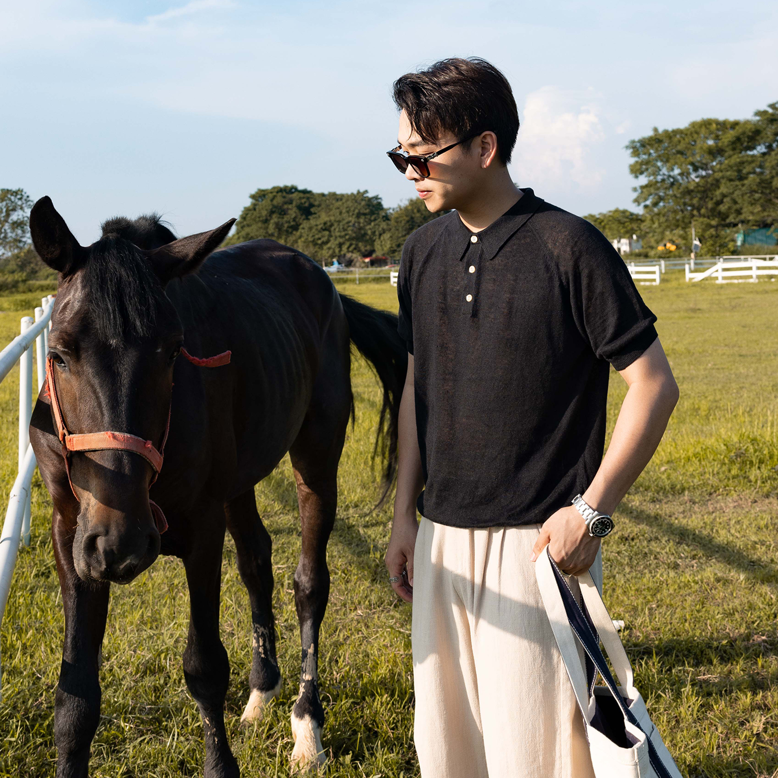 红风 polo衫男款轻薄透气100%亚麻老钱风翻领针织衫宽松马球衫