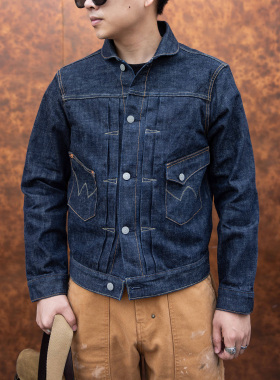 红风酸化牛王牛仔衣宽松青果领赤耳丹宁西部牧场牛仔夹克 lot510