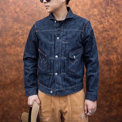 红风酸化牛王牛仔衣宽松青果领赤耳丹宁西部牧场牛仔夹克 lot510