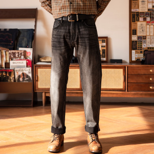 vintage赤耳丹宁长裤 红风 直筒511美式 中高腰修身 黑色洗水牛仔裤