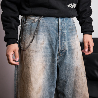 红风泥染系列 洗水牛仔裤复刻笑脸宽松阔腿做旧褪色脏脏裤 2023版