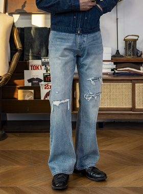 红风 517微喇水洗牛仔裤重磅15oz丹宁美式复古破洞做旧喇叭裤长裤